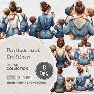 Mother and Children Clipart, Mother&#39;s Day, Mom and Kids, Family Love, Denim Outfits, Hugging Family, Cute Mom and Son, Crafts, Sublimation