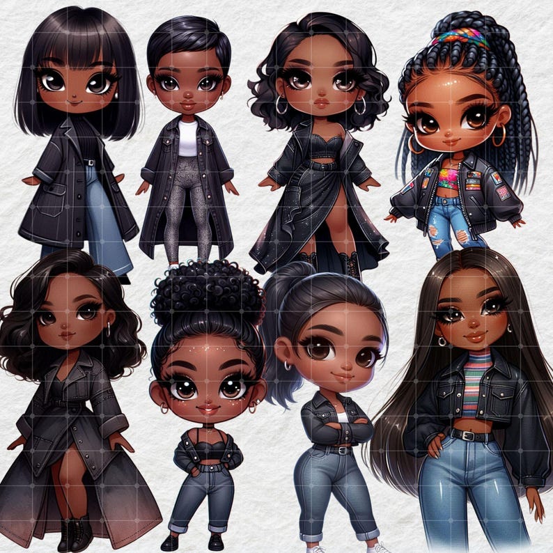 Chibi Black Girl Fashion PNG Clipart Bundle, Denim Outfit PNG ...