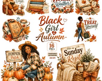 Black Girl Autumn Clipart Bundle, Cozy Fall Woman PNG, Autumn Aesthetic, Thanksgiving Sublimation Clip Art, 16 PNGs