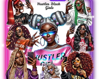 Hustler Girl Black Woman Clipart Bundle, Girl Power Art, 18 Glam PNGs