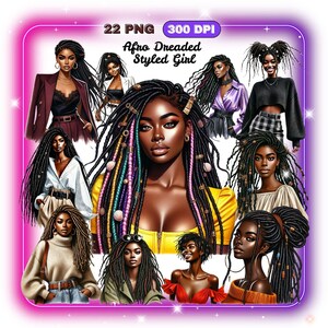 Può includere: Un set di illustrazioni digitali di 22 immagini PNG che rappresentano donne con dreadlocks afro colorate in varie pose e abiti. Le immagini sono a 300 DPI e sono intitolate "Afro Dreaded Styled Girl".