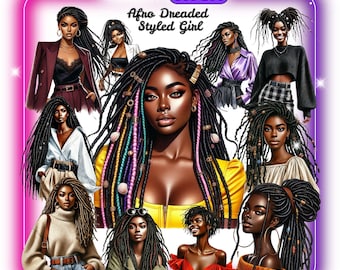 African American Dreadlocks Styled Girls png clip art bundle, Watercolor Black Girl Painting, Stylish Black Girls Clipart for Planners