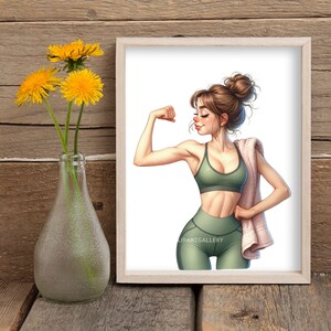 May include: A digital illustration of a woman flexing her bicep, wearing a green sports bra and matching leggings. She is holding a towel in her left hand and has a determined expression on her face.