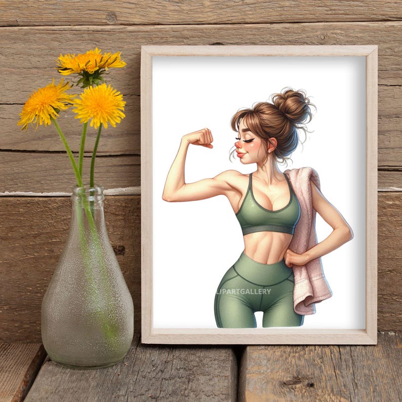 May include: A digital illustration of a woman flexing her bicep, wearing a green sports bra and matching leggings. She is holding a towel in her left hand and has a determined expression on her face.