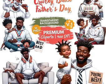 Quirky Black Dad Father’s Day Clipart, Cute Black Dad and Kid, Funny Family Clipart, Father and Child Clipart, Afro-American, Sublimation