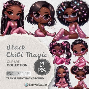 Pacchetto di clipart PNG magiche di ragazze nere, ragazze afroamericane chibi in rosa, arte afrocentrica per sublimazione, artigianato, progetti di artigianato fai da te