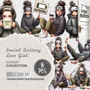Introvert Girl Clipart, Social Battery Low Girl, Self-Care Lazy Day Cartoon, Antisocial Mood, Funny Digital Stickers, Lazy Day Girl, Crafts