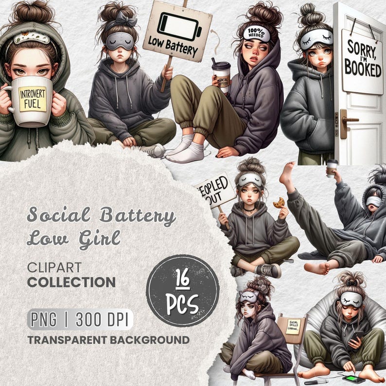 Puede incluir: Colecci&oacute;n de im&aacute;genes predise&ntilde;adas digitales con ilustraciones de una chica con sudadera gris y antifaz, sosteniendo carteles con frases como "Low Battery" e "Introvert Fuel". La colecci&oacute;n incluye 16 im&aacute;genes PNG con fondo transparente.