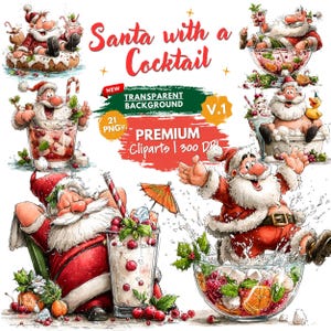 Könnte beinhalten: Eine digitale Sammlung von Weihnachtsmann-Illustrationen mit Cocktails, inklusive Text Santa with a Cocktail, NEW TRANSPARENT BACKGROUND, 21 PNG, PREMIUM Cliparts und 300 DPI, alles in einem festlichen und farbenfrohen Stil.