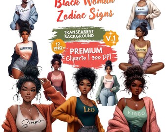 Black Woman Zodiac Clipart, Astrology PNG, Afro Girls (Digital Download)