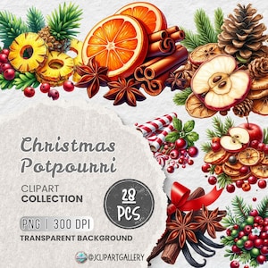 May include: A digital clipart collection of 28 Christmas potpourri elements. The image shows a variety of dried fruits, spices, and other ingredients, including oranges, apples, cinnamon sticks, star anise, pine cones, and cranberries. The text "Christmas Potpourri Clipart Collection 28 PCS PNG | 300 DPI TRANSPARENT BACKGROUND @JCLIPARTGALLERY" is visible in the image.
