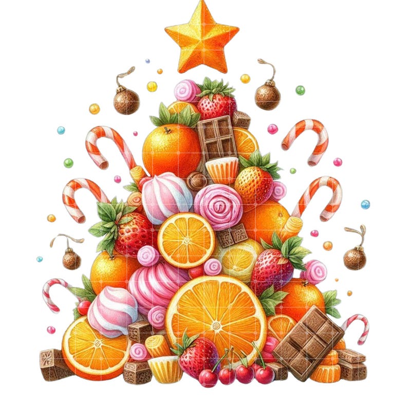 Fruit Candy Christmas Tree Clipart Bundle, Whimsical Holiday Tree, Food