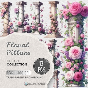 Może przedstawiać: Cyfrowa kolekcja clipartów 12 kwiatowych kolumn. Kolumny są białe z różowymi i fioletowymi różami, winoroślą i liśćmi. Tekst "Floral Pillars" jest napisany czarnym kolorem na białym tle. Tekst "Clipart Collection" jest napisany czarnym kolorem na białym tle. Tekst "12 PCS" jest napisany białym kolorem na szarym kole. Tekst "PNG | 300 DPI" jest napisany czarnym kolorem na białym tle. Tekst "Transparent Background" jest napisany czarnym kolorem na białym tle. Tekst "@JCLIPARTGALLERY" jest napisany czarnym kolorem na białym tle.