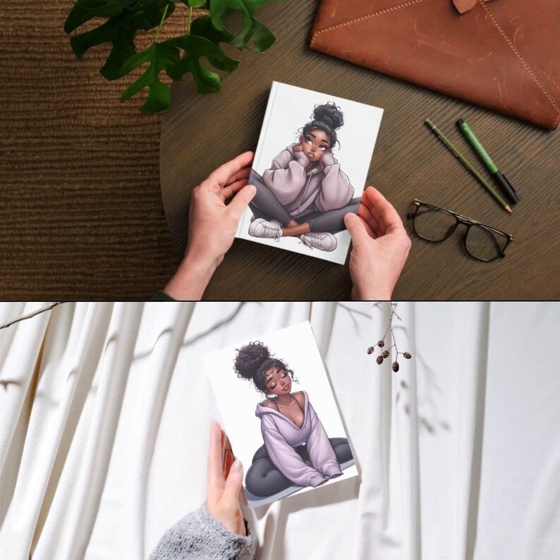 May include: A white journal featuring an illustration of a person in a relaxed pose, wearing a light purple hoodie, gray pants, and white sneakers. The journal is held by hands against a neutral background.