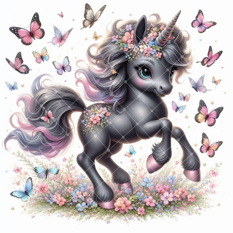 May include: A whimsical illustration of a dark gray unicorn with a floral crown and butterflies. The unicorn has a long, flowing mane with pink and purple highlights. Butterflies of various colors and sizes surround the unicorn, and it stands in a bed of flowers.