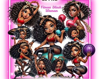 Fitness Chibi Girl Clipart, Black Woman Gym PNG (Digital Download)