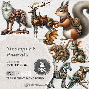 May include: A set of 30 steampunk animal clipart images. The images feature a wolf, deer, squirrel, hedgehog, mouse, zebra, and a parrot, all with intricate steampunk details. The images are in PNG format and have a transparent background.