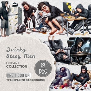 Könnte beinhalten: Eine digitale Clipart-Sammlung mit 18 skurrilen Illustrationen von schlafenden Männern in verschiedenen Posen. Die Männer sind in verschiedenen Umgebungen dargestellt, darunter ein Schlafzimmer, ein Büro und ein Wohnzimmer. Die Illustrationen sind im Cartoon-Stil gehalten und zeichnen sich durch leuchtende Farben aus.