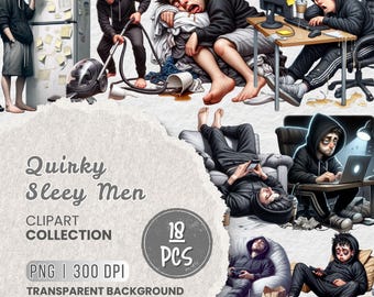 Imágenes prediseñadas de hombres soñolientos peculiares, imágenes prediseñadas de un hombre cansado y perezoso, imágenes prediseñadas de un hombre con falta de sueño, imágenes prediseñadas de dibujos animados lindos, planificadores, pegatinas, sublimación