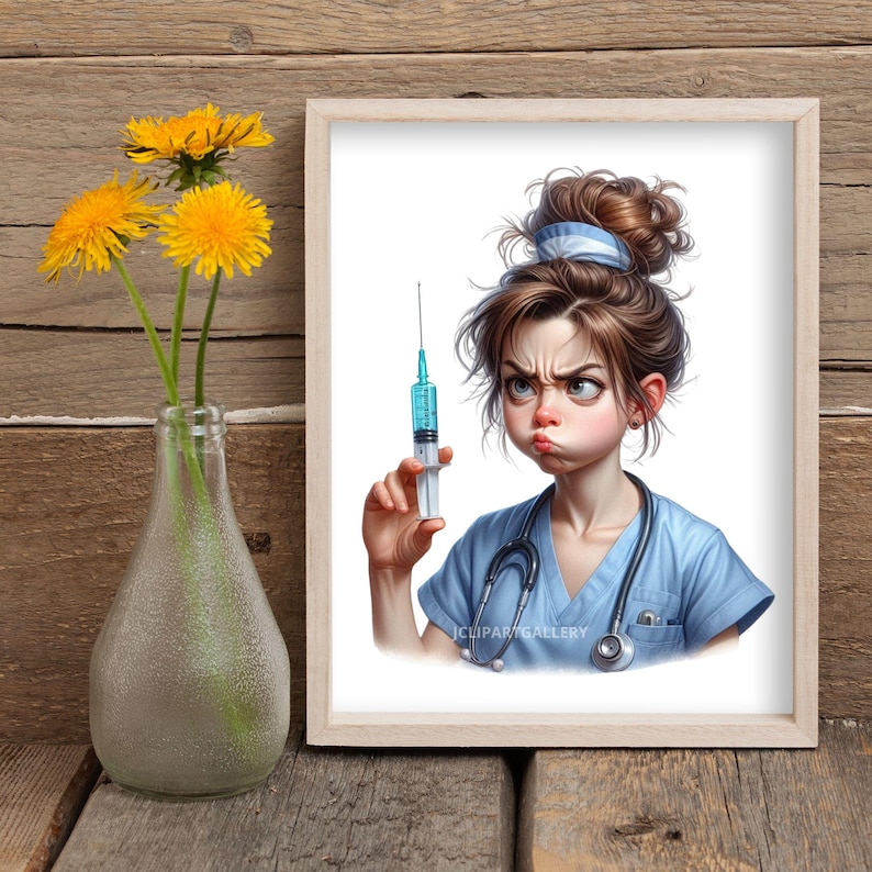 K&ouml;nnte beinhalten: Eine Cartoon-Illustration einer Krankenschwester mit einem strengen Gesichtsausdruck, die eine Spritze h&auml;lt. Sie tr&auml;gt ein blaues Oberteil mit einem Stethoskop um den Hals. Der Hintergrund ist wei&szlig;.