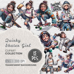 Quirky Skater Girl Clipart Bundle, Quirky Skateboarding Girl PNG, Fun Skater Illustration Pack for Crafts, Journaling, Sublimation, Projects