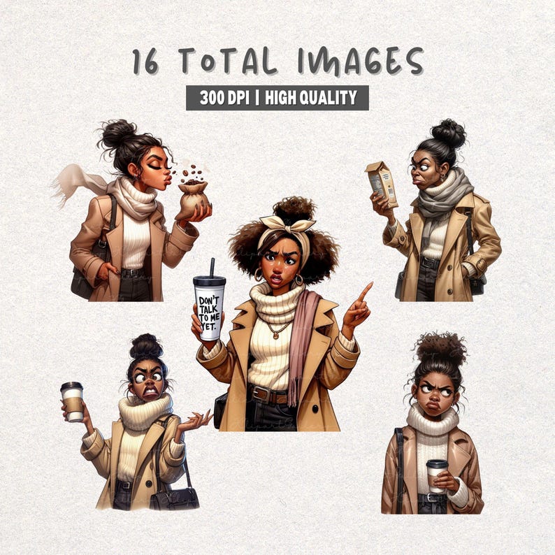 Op de afbeelding: Een digitale collectie van vijf illustraties van een persoon met donker haar in een knot of afro, gekleed in een beige trenchcoat en een cr&egrave;mekleurige coltrui. E&eacute;n figuur houdt een koffiebeker vast met de tekst Don't Talk To Me Yet erop.