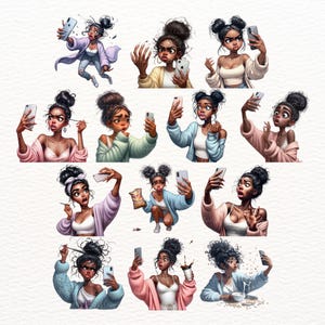 Puede incluir: Una colecci&oacute;n de 12 ilustraciones digitales que presentan a una joven con piel oscura y cabello rizado tomando selfies con un tel&eacute;fono inteligente. La mujer lleva diferentes atuendos y poses en cada ilustraci&oacute;n, incluyendo un su&eacute;ter rosa, un su&eacute;ter azul, un top blanco sin mangas y un su&eacute;ter azul claro. Las ilustraciones est&aacute;n sobre un fondo blanco.