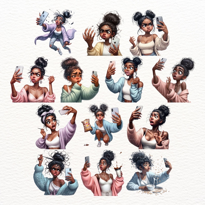 Puede incluir: Una colecci&oacute;n de 12 ilustraciones digitales que presentan a una joven con piel oscura y cabello rizado tomando selfies con un tel&eacute;fono inteligente. La mujer lleva diferentes atuendos y poses en cada ilustraci&oacute;n, incluyendo un su&eacute;ter rosa, un su&eacute;ter azul, un top blanco sin mangas y un su&eacute;ter azul claro. Las ilustraciones est&aacute;n sobre un fondo blanco.