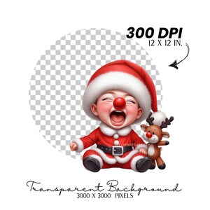 May include: A digital illustration of a baby dressed as Santa Claus, wearing a red suit, hat, and a clown nose. The baby is laughing with a reindeer toy. The image is labeled "300 DPI 12 X 12 IN." and "Transparent Background 3000 X 3000 PIXELS."