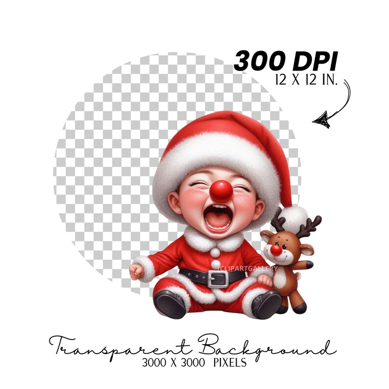 May include: A digital illustration of a baby dressed as Santa Claus, wearing a red suit, hat, and a clown nose. The baby is laughing with a reindeer toy. The image is labeled "300 DPI 12 X 12 IN." and "Transparent Background 3000 X 3000 PIXELS."