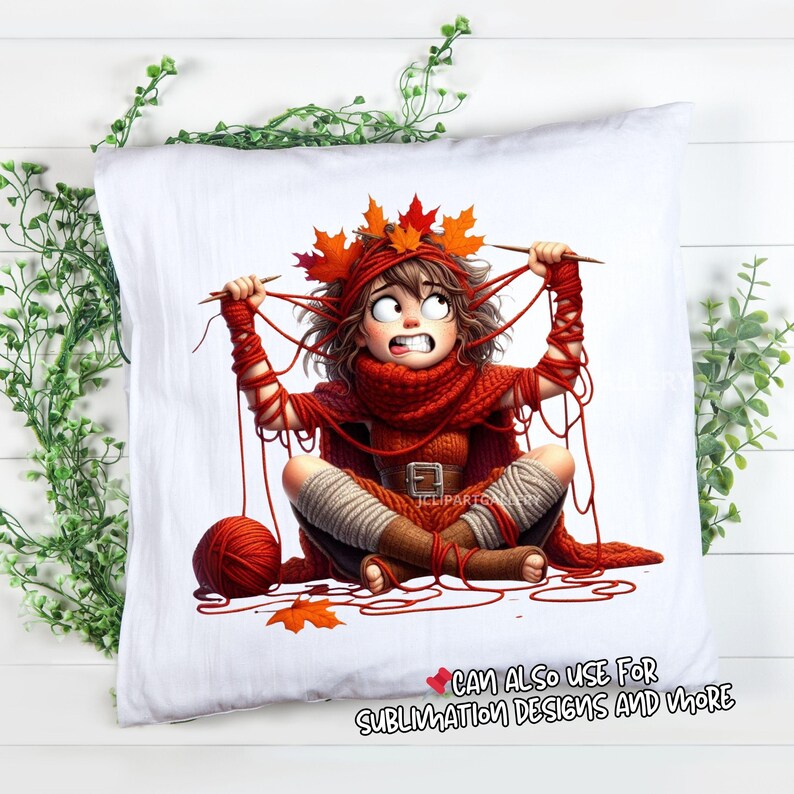 May include: White pillow with a cartoon illustration of a person tangled in red yarn, wearing a red scarf, sweater, and leaf crown. The text "CAN ALSO USE FOR SUBLIMATION DESIGNS AND MORE" is at the bottom.