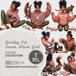 Black Girl Pet Lover Clipart, Quirky Cat Mom PNGs, Funny Cartoon Pet, Cozy Cat Clipart Set, Cat Mom Paw Prints, Scrapbook, Crafts, Projects