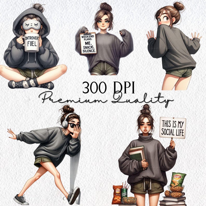 Introvert tjej Clipart, social batteri låg tjej, självvårdande lat dag tecknad film, antisocialt humör, roliga digitala klistermärken, lat dag tjej, hantverk bild 5