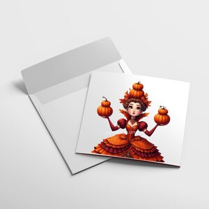 May include: A greeting card featuring a whimsical illustration of a woman in an orange and red dress, holding pumpkins. The card is inside a white envelope, perfect for fall or Halloween greetings.