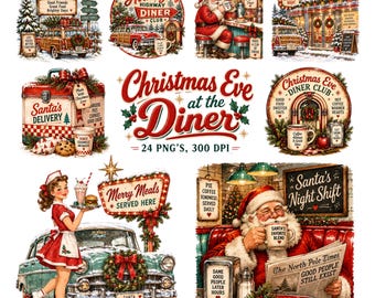 Puede incluir: Una colección de ilustraciones digitales con temática navideña que incluyen a Santa Claus, coches antiguos, restaurantes y carteles festivos. El texto incluye Christmas Eve at the Diner, Santa's Delivery, Merry Meals Served Here y Santa's Night Shift.