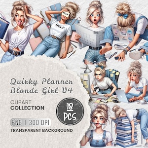 Könnte beinhalten: Eine digitale Clipart-Kollektion namens "Quirky Planner Blonde Girl V4" mit Illustrationen einer blonden Frau in verschiedenen Posen. Die Kollektion enthält 18 PNG-Bilder mit transparentem Hintergrund, ideal für digitale Planungs- und Designprojekte.