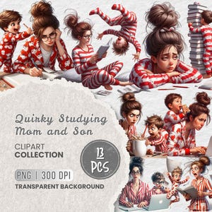 May include: A digital clipart collection titled "Quirky Studying Mom and Son." The images depict a mother and son in red and white striped pajamas, engaged in various activities like studying, reading, and using a laptop. The collection includes 13 PNG images with a transparent background.