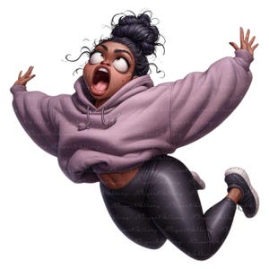 May include: Digital illustration of a woman in a lavender hoodie and black leggings, mid-air with arms outstretched and mouth open in surprise. Her dark hair is in a bun, and she wears gray sneakers. The image has a cartoon style.
