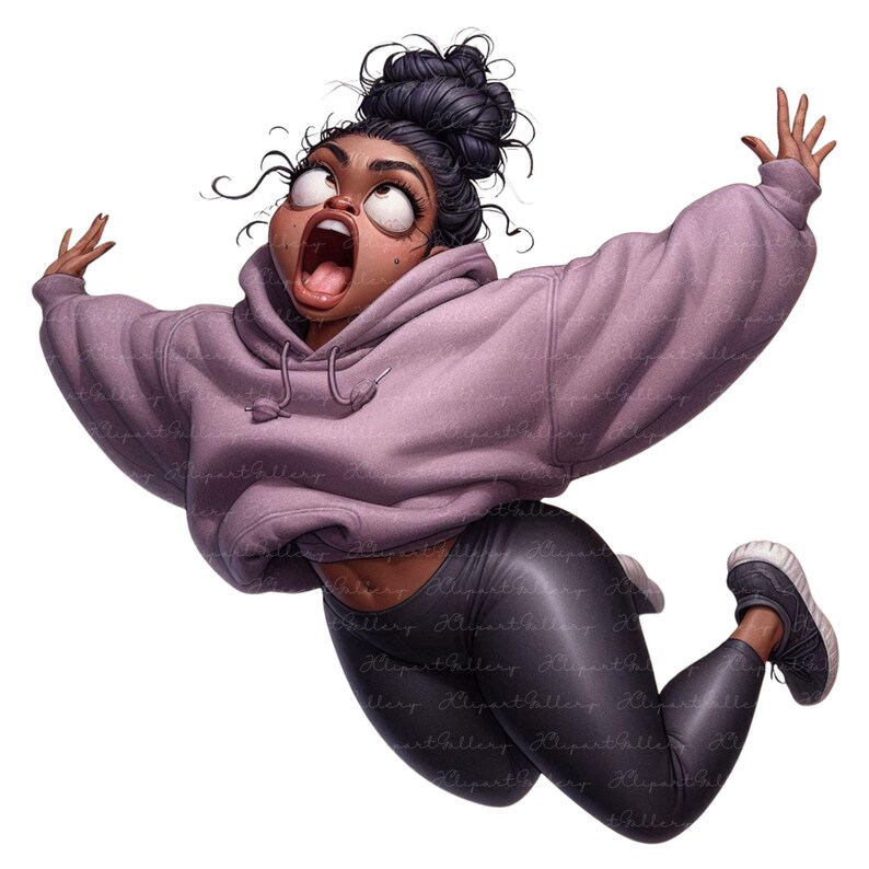 May include: Digital illustration of a woman in a lavender hoodie and black leggings, mid-air with arms outstretched and mouth open in surprise. Her dark hair is in a bun, and she wears gray sneakers. The image has a cartoon style.
