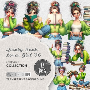 Quirky Book Lover Girl Clipart, Cozy Girl Reading, Cute Girl with Books, Bookworm Clipart, Bookish Aesthetic, Projects, Sublimation, Crafts