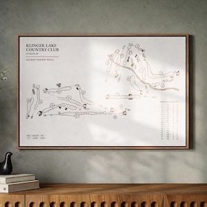 May include: Framed golf course map of Klinger Lake Country Club in Sturgis, MI. The map features a detailed layout of the course with numbered holes and yardage information. The text includes the club name, location, and par information. The artwork is in a wooden frame.