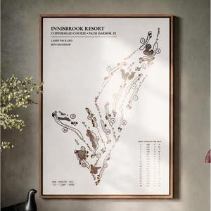 May include: Framed golf course map of the Innisbrook Resort Copperhead Course in Palm Harbor, FL. The map features a detailed layout with numbered holes and par information. The map is in a wooden frame.