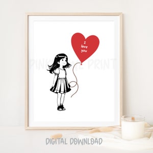 Decoración de pared de niña globo l Arte imprimible l Impresión de arte de niña vintage I Arte de pared de vivero I Impresiones de moda I Carteles estéticos I Arte de globo de corazón