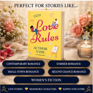 K&ouml;nnte beinhalten: Ein gelbes Buch mit dem Titel Love Rules in pinker Schreibschrift, illustriert mit zwei Personen, einer kleinen Staffelei und Herzen. Das Cover enth&auml;lt den Text Author Name und Best Selling Author. Das Buch ist von rosa Rosen und einer Kerze umgeben.