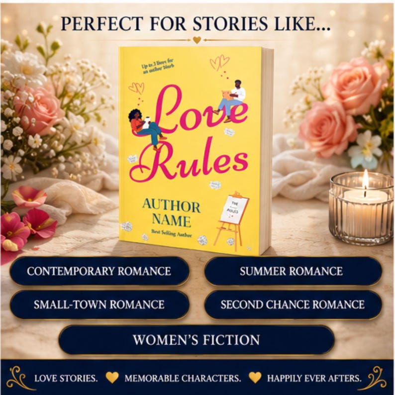 K&ouml;nnte beinhalten: Ein gelbes Buch mit dem Titel Love Rules in pinker Schreibschrift, illustriert mit zwei Personen, einer kleinen Staffelei und Herzen. Das Cover enth&auml;lt den Text Author Name und Best Selling Author. Das Buch ist von rosa Rosen und einer Kerze umgeben.
