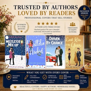 K&ouml;nnte beinhalten: Eine Werbegrafik f&uuml;r Buchcover-Design-Dienstleistungen mit vier Liebesroman-Covern mit den Titeln Mistletoe Mix-up, Mistletoe Mischief, Driven by Chance und Last Kiss of the Year sowie Text, der professionelles Design und Kundenbewertungen hervorhebt.