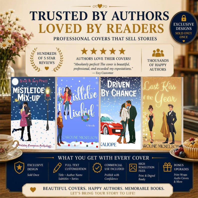 K&ouml;nnte beinhalten: Eine Werbegrafik f&uuml;r Buchcover-Design-Dienstleistungen mit vier Liebesroman-Covern mit den Titeln Mistletoe Mix-up, Mistletoe Mischief, Driven by Chance und Last Kiss of the Year sowie Text, der professionelles Design und Kundenbewertungen hervorhebt.