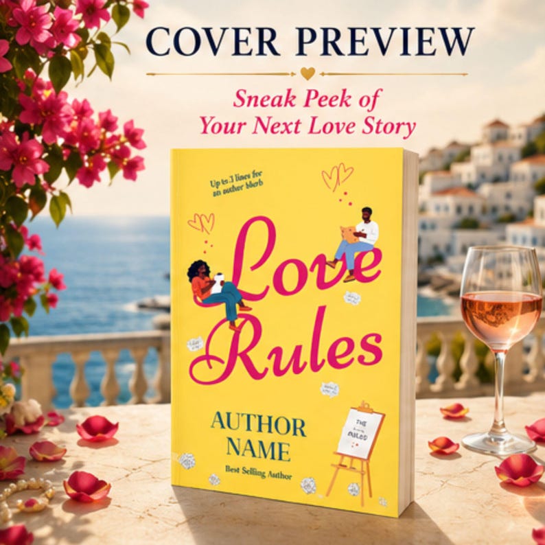 K&ouml;nnte beinhalten: Ein gelbes Buchcover mit dem Titel Love Rules und dem darunter gedruckten Author Name. Das Cover zeigt Illustrationen von zwei Personen, Herzen und einer kleinen Staffelei. Der Text umfasst COVER PREVIEW und Best Selling Author.