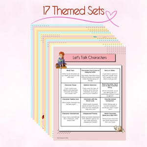Op de afbeelding: Een printbaar werkblad met 17 thematische sets met vragen over boekpersonages. Het werkblad heeft de titel "Laten we het over personages hebben".