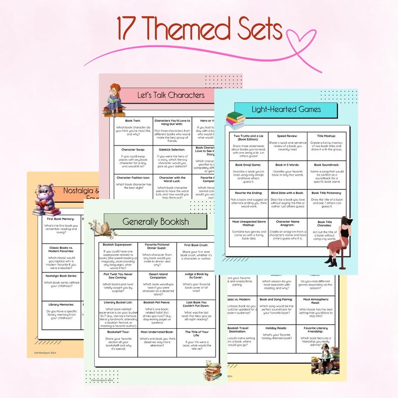 Op de afbeelding: Een printbaar werkblad met 17 thematische sets met gespreksstarters en spellen voor boekenliefhebbers. De sets omvatten onderwerpen als "Laten we het hebben over personages", "Over het algemeen boekenliefhebber" en "Lichtvoetige spellen".